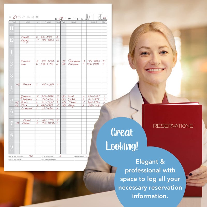BookFactory Restaurant Reservations Book, 365 Day Table/Dinner Reservations, 408 Pages, 8 7/8'' x 13 1/2'' Red Imitation Leather, Section Sewn Hardbound (Made in USA) - Image 4